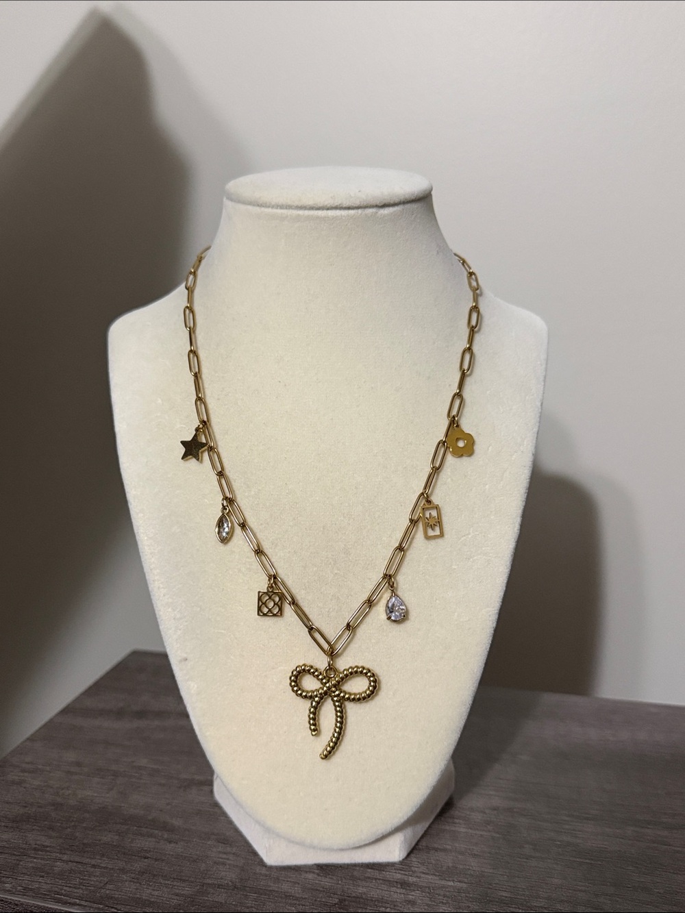 Gold plated stainless steel gold & stone Multi Charm Necklace